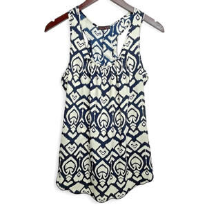 Trendy Angel Ikat Print Ruffle Racerback Tank‎ Top Small Sleeveless Navy & Cream